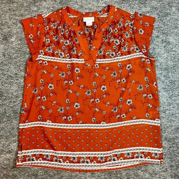 Liz Claiborne Blouse Womens Small Orange Floral Cap Sleeve V-Neck Boho Office - Picture 1 of 12